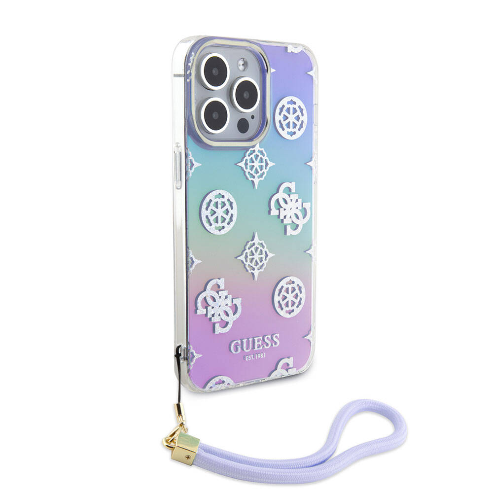 iPhone 15 Pro Max Kılıf Guess Orijinal Lisanslı Desenli Yazı Logolu Askı İpli Holografik Glitter Peony Kılıf