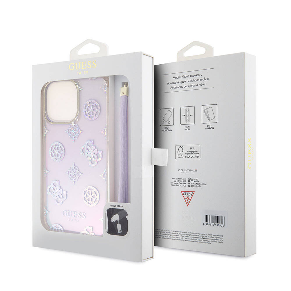 iPhone 15 Pro Max Kılıf Guess Orijinal Lisanslı Desenli Yazı Logolu Askı İpli Holografik Glitter Peony Kılıf