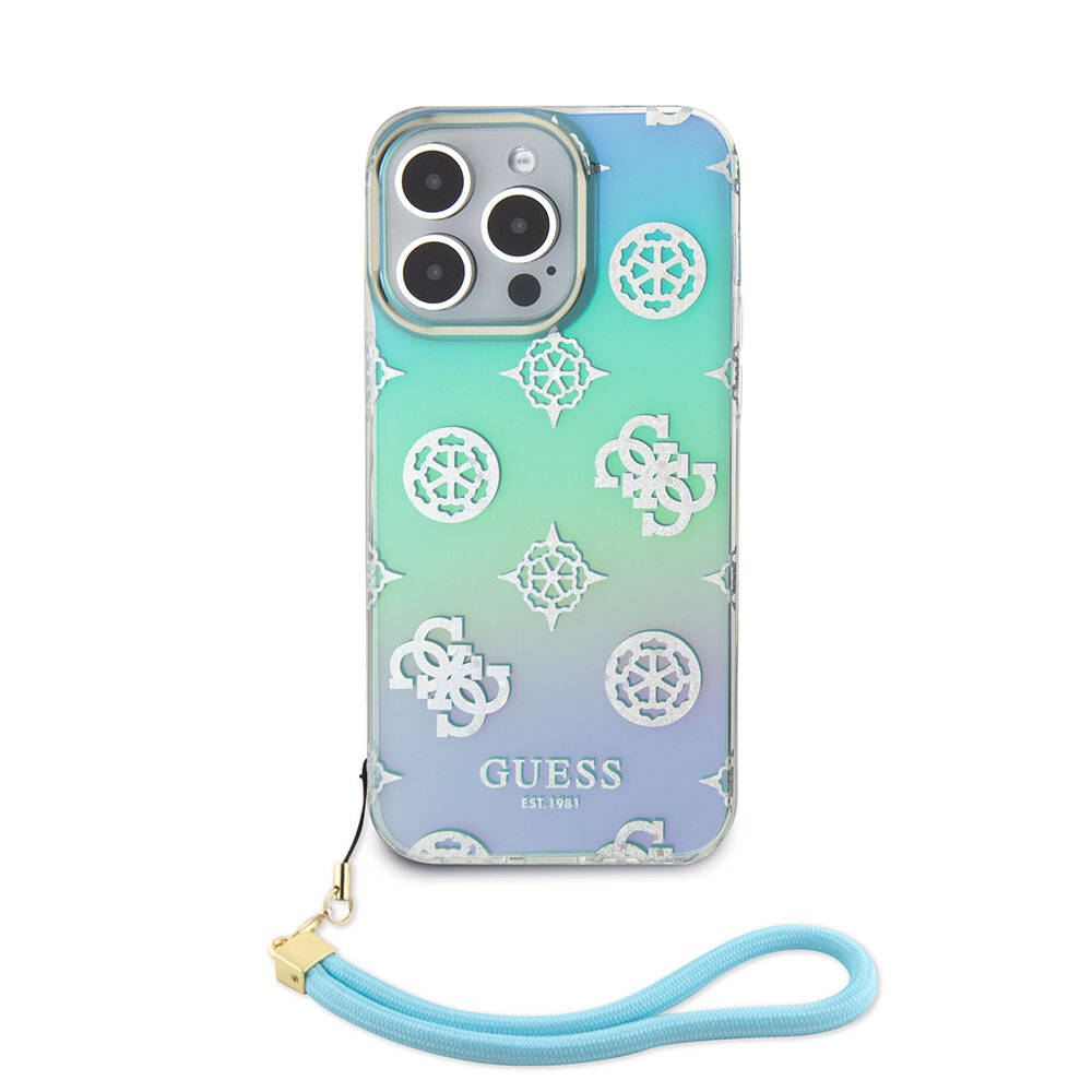 iPhone 15 Pro Max Kılıf Guess Orijinal Lisanslı Desenli Yazı Logolu Askı İpli Holografik Glitter Peony Kılıf