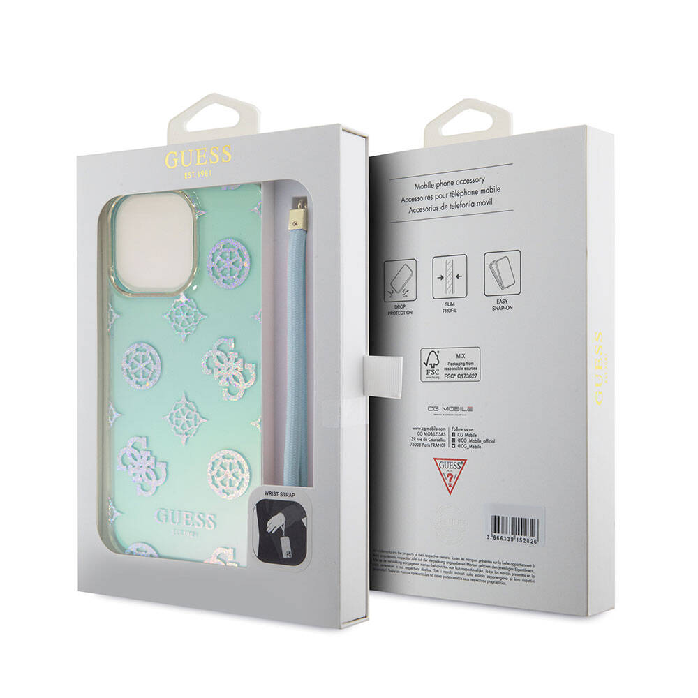 iPhone 15 Pro Max Kılıf Guess Orijinal Lisanslı Desenli Yazı Logolu Askı İpli Holografik Glitter Peony Kılıf