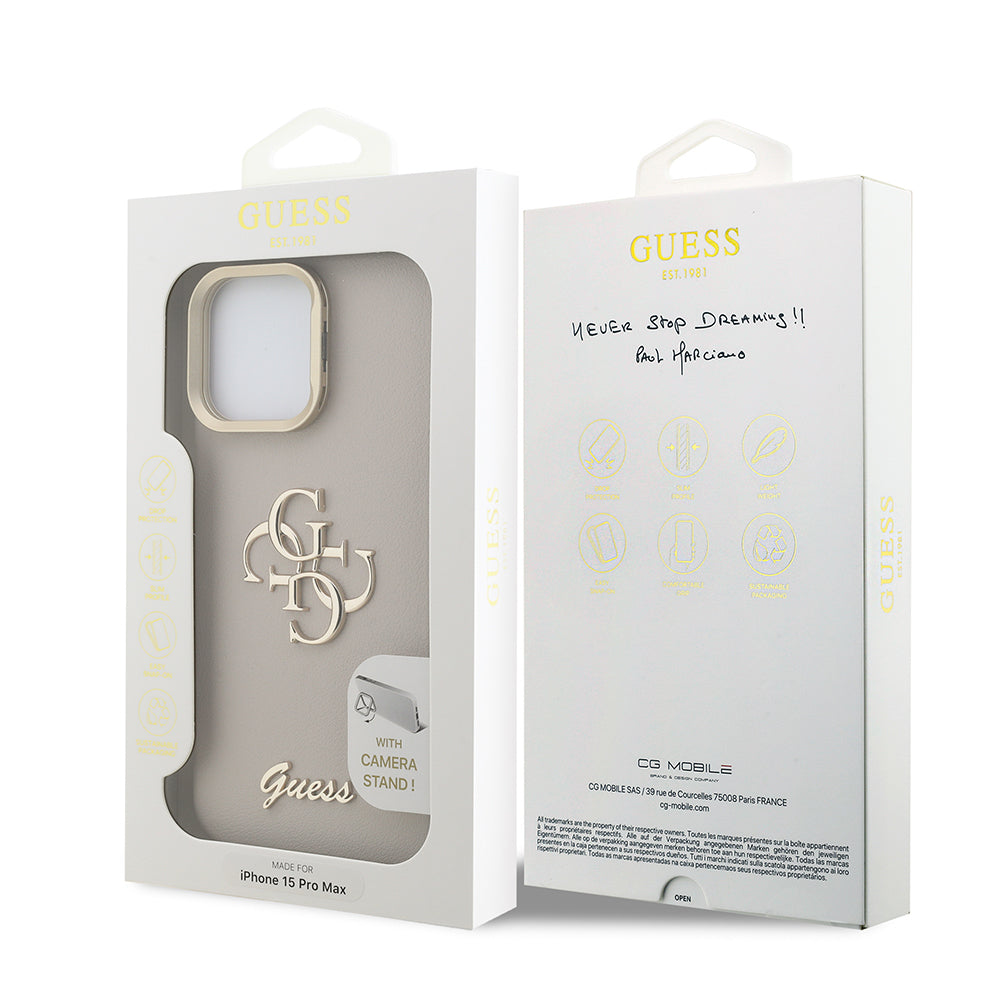 iPhone 15 Pro Max Kılıf Guess Orijinal Lisanslı Grained Yazı Logolu Kamera Standlı Kılıf