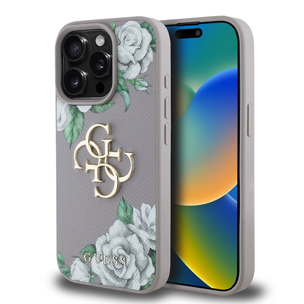 iPhone 15 Pro Max Kılıf Guess Orijinal Lisanslı Gül Baskılı Büyük Metal Logo Dizaynlı Kılıf