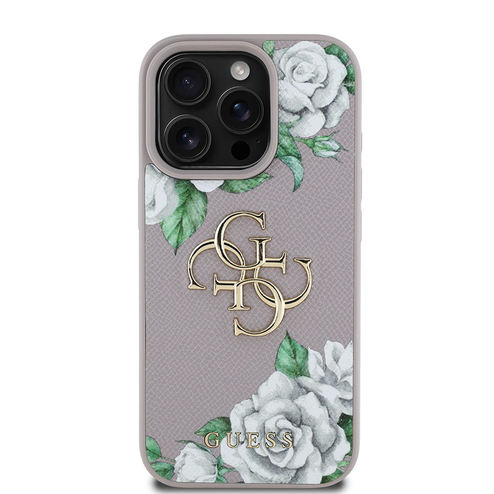 iPhone 15 Pro Max Kılıf Guess Orijinal Lisanslı Gül Baskılı Büyük Metal Logo Dizaynlı Kılıf