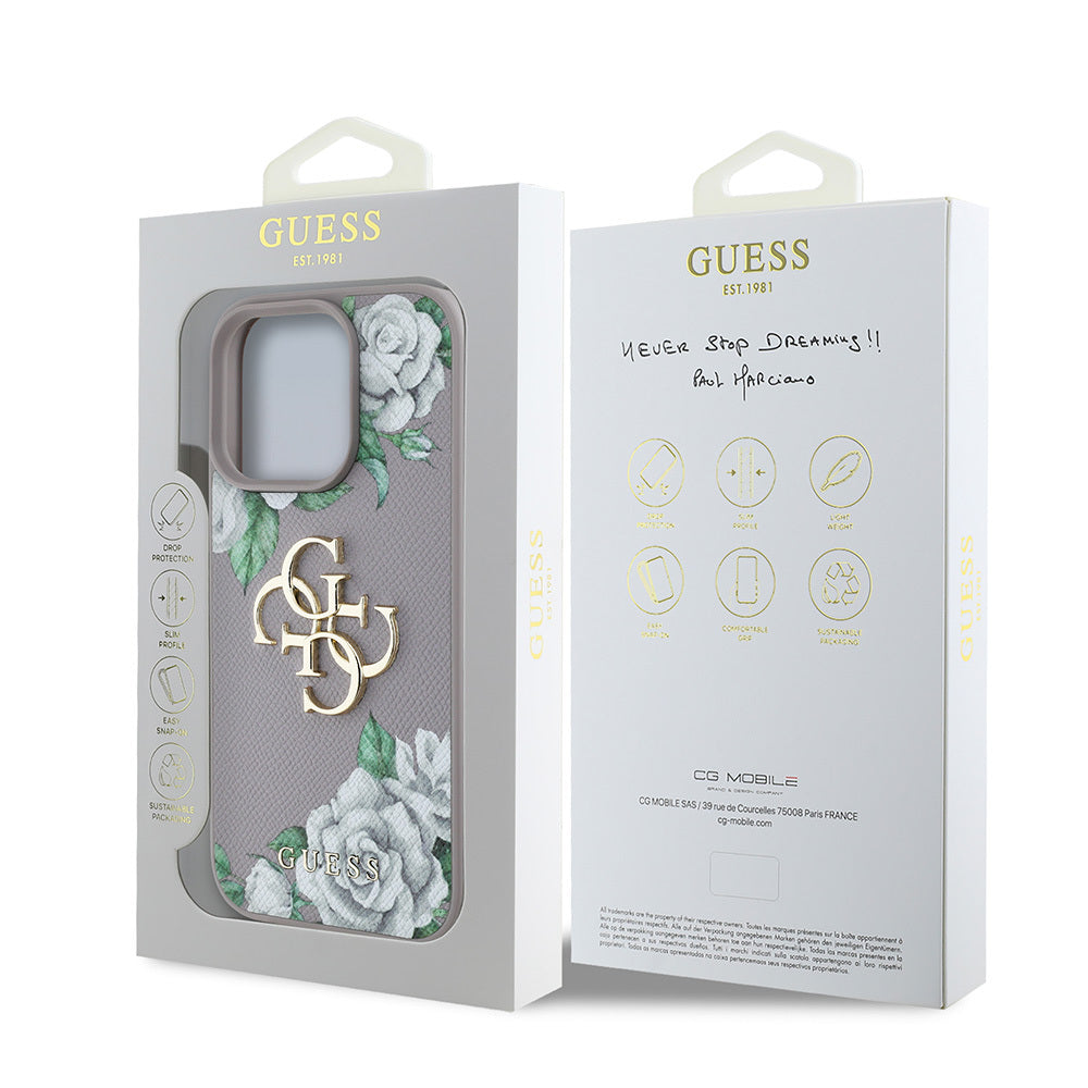 iPhone 15 Pro Max Kılıf Guess Orijinal Lisanslı Gül Baskılı Büyük Metal Logo Dizaynlı Kılıf
