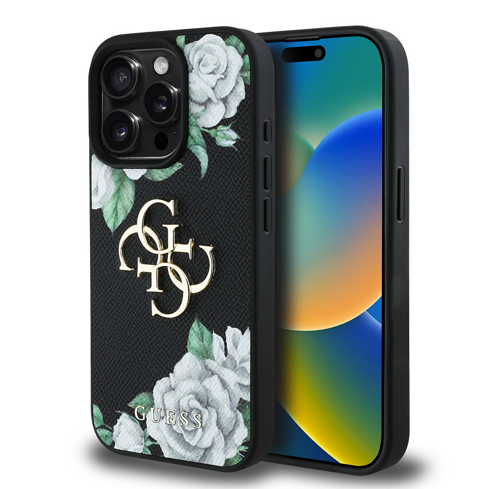 iPhone 15 Pro Max Kılıf Guess Orijinal Lisanslı Gül Baskılı Büyük Metal Logo Dizaynlı Kılıf