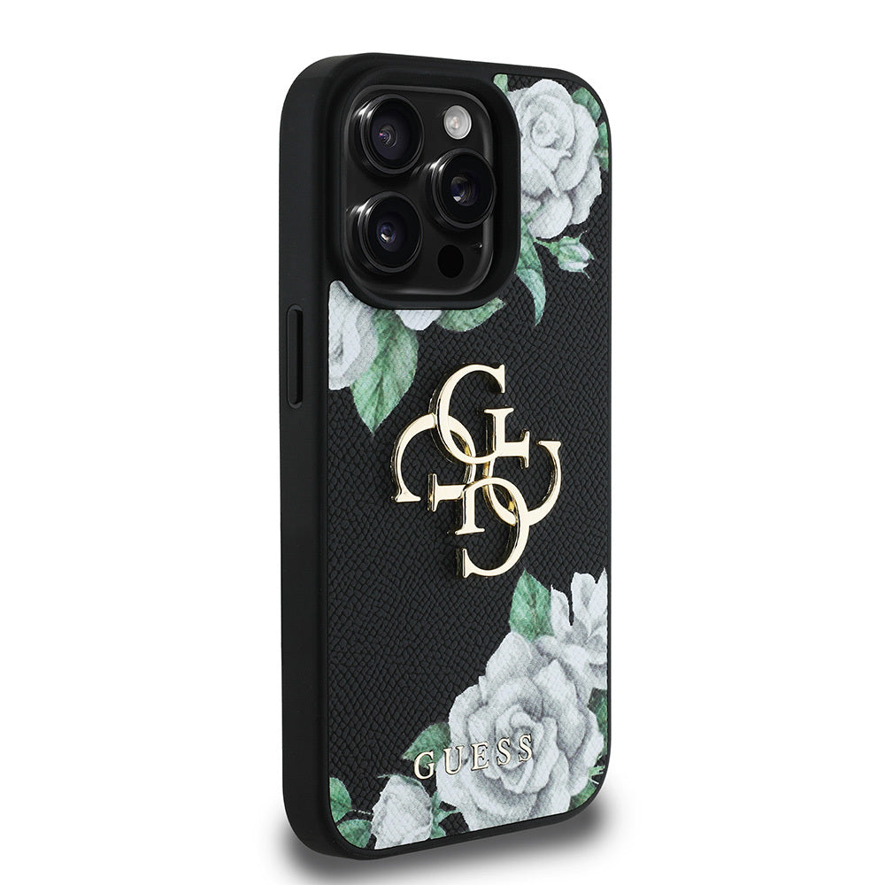 iPhone 15 Pro Max Kılıf Guess Orijinal Lisanslı Gül Baskılı Büyük Metal Logo Dizaynlı Kılıf
