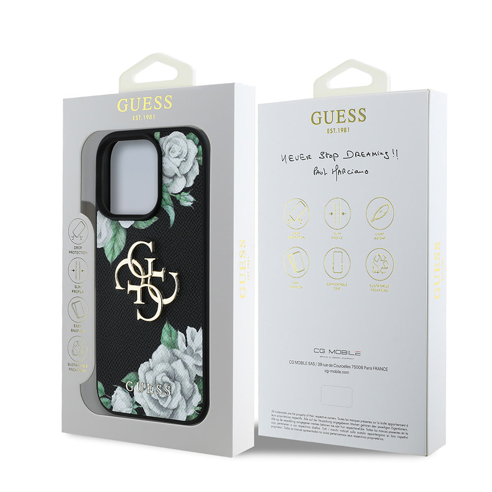 iPhone 15 Pro Max Kılıf Guess Orijinal Lisanslı Gül Baskılı Büyük Metal Logo Dizaynlı Kılıf