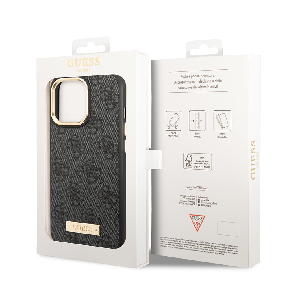 iPhone 15 Pro Max Kılıf Guess Orijinal Lisanslı M-safe Şarj Özellikli 4G Desenli PU Metal Plaka Klasik Logolu Kılıf