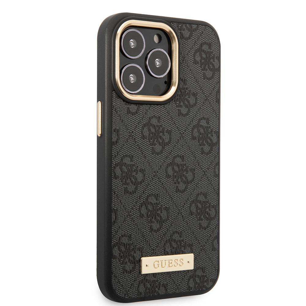 iPhone 15 Pro Max Kılıf Guess Orijinal Lisanslı M-safe Şarj Özellikli 4G Desenli PU Metal Plaka Klasik Logolu Kılıf
