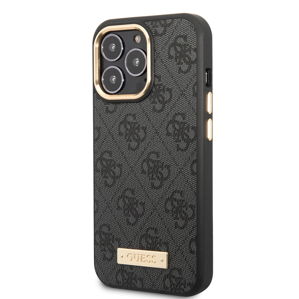 iPhone 15 Pro Max Kılıf Guess Orijinal Lisanslı M-safe Şarj Özellikli 4G Desenli PU Metal Plaka Klasik Logolu Kılıf