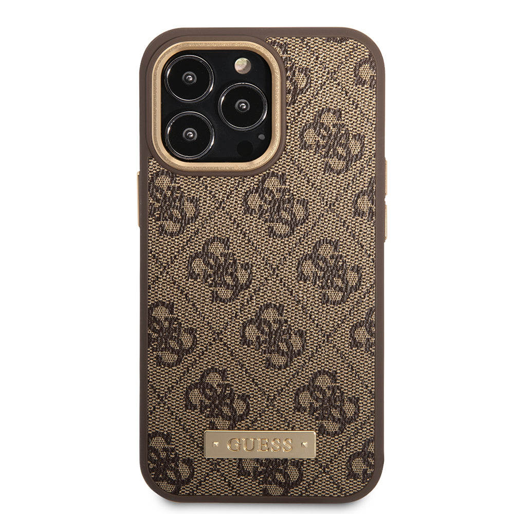 iPhone 15 Pro Max Kılıf Guess Orijinal Lisanslı M-safe Şarj Özellikli 4G Desenli PU Metal Plaka Klasik Logolu Kılıf