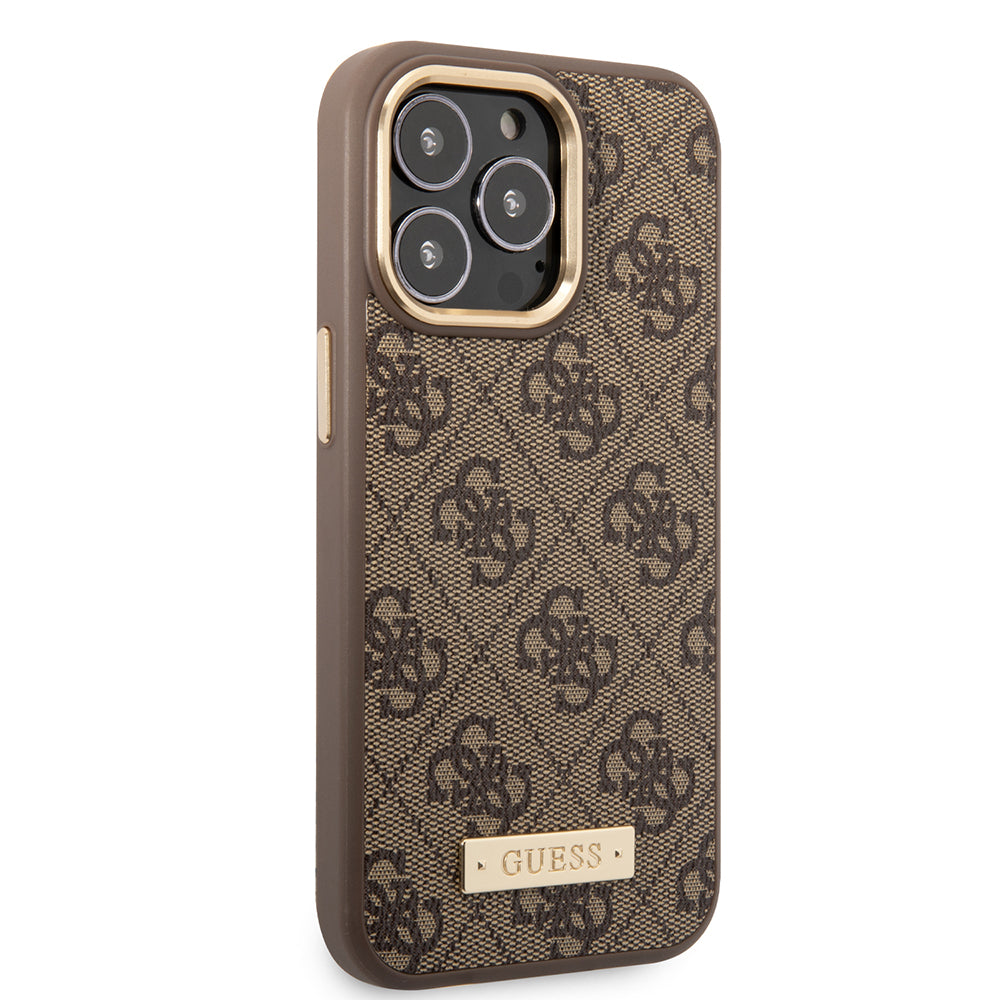 iPhone 15 Pro Max Kılıf Guess Orijinal Lisanslı M-safe Şarj Özellikli 4G Desenli PU Metal Plaka Klasik Logolu Kılıf