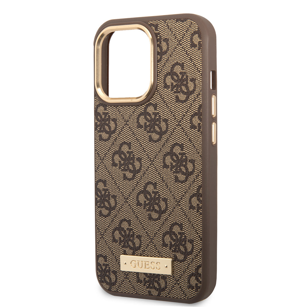 iPhone 15 Pro Max Kılıf Guess Orijinal Lisanslı M-safe Şarj Özellikli 4G Desenli PU Metal Plaka Klasik Logolu Kılıf