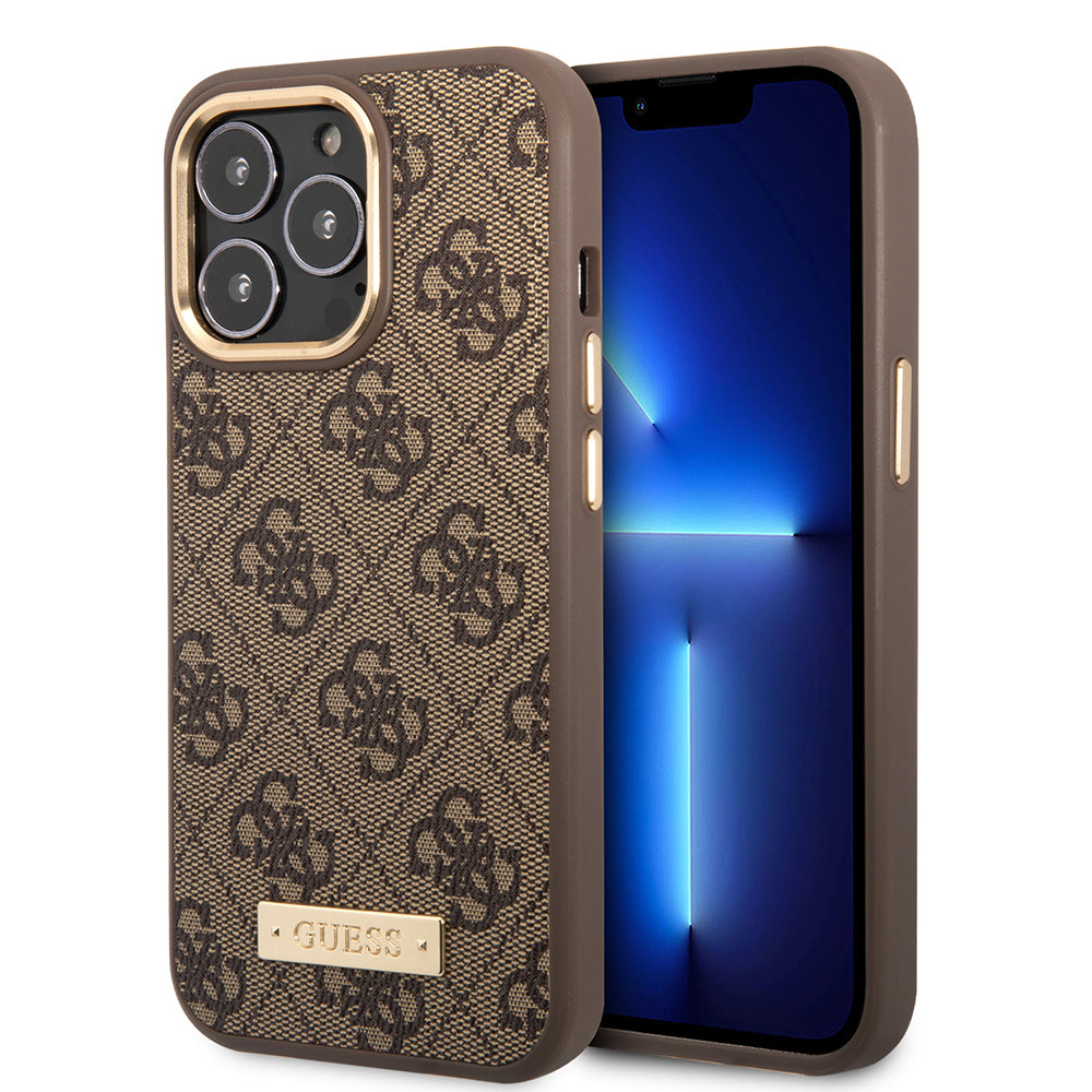 iPhone 15 Pro Max Kılıf Guess Orijinal Lisanslı M-safe Şarj Özellikli 4G Desenli PU Metal Plaka Klasik Logolu Kılıf