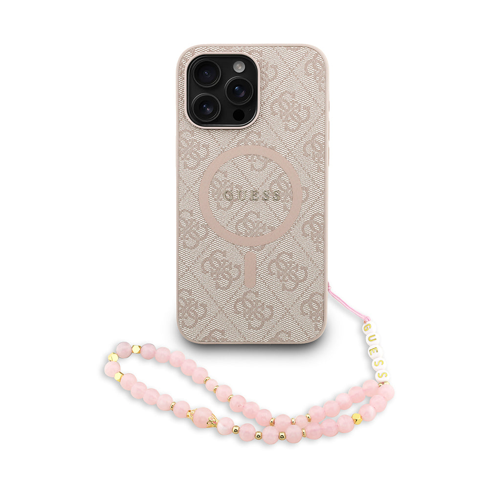 iPhone 15 Pro Max Kılıf Guess Orijinal Lisanslı M-safe Şarj Özellikli PU Deri Bilek Askı İpli Yazı Logolu Kılıf