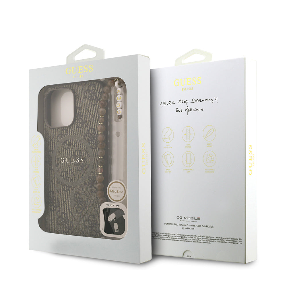 iPhone 15 Pro Max Kılıf Guess Orijinal Lisanslı M-safe Şarj Özellikli PU Deri Bilek Askı İpli Yazı Logolu Kılıf