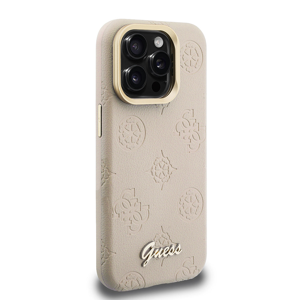 iPhone 15 Pro Max Kılıf Guess Orijinal Lisanslı M-safe Şarj Özellikli Sıcak Baskılı Yazı Logolu Kamera Standlı PU Deri Peony Kılıf