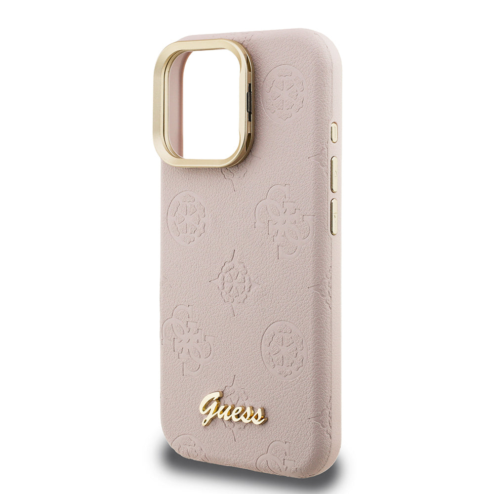 iPhone 15 Pro Max Kılıf Guess Orijinal Lisanslı M-safe Şarj Özellikli Sıcak Baskılı Yazı Logolu Kamera Standlı PU Deri Peony Kılıf