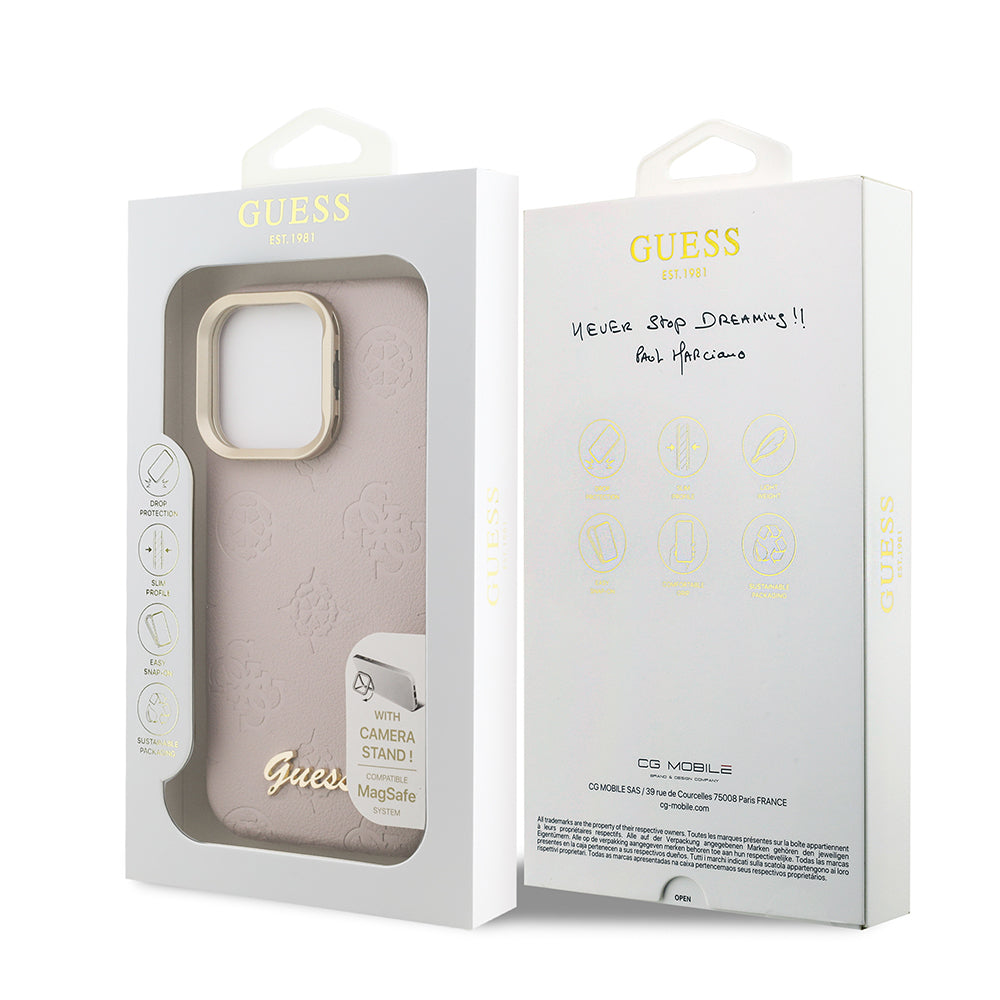 iPhone 15 Pro Max Kılıf Guess Orijinal Lisanslı M-safe Şarj Özellikli Sıcak Baskılı Yazı Logolu Kamera Standlı PU Deri Peony Kılıf