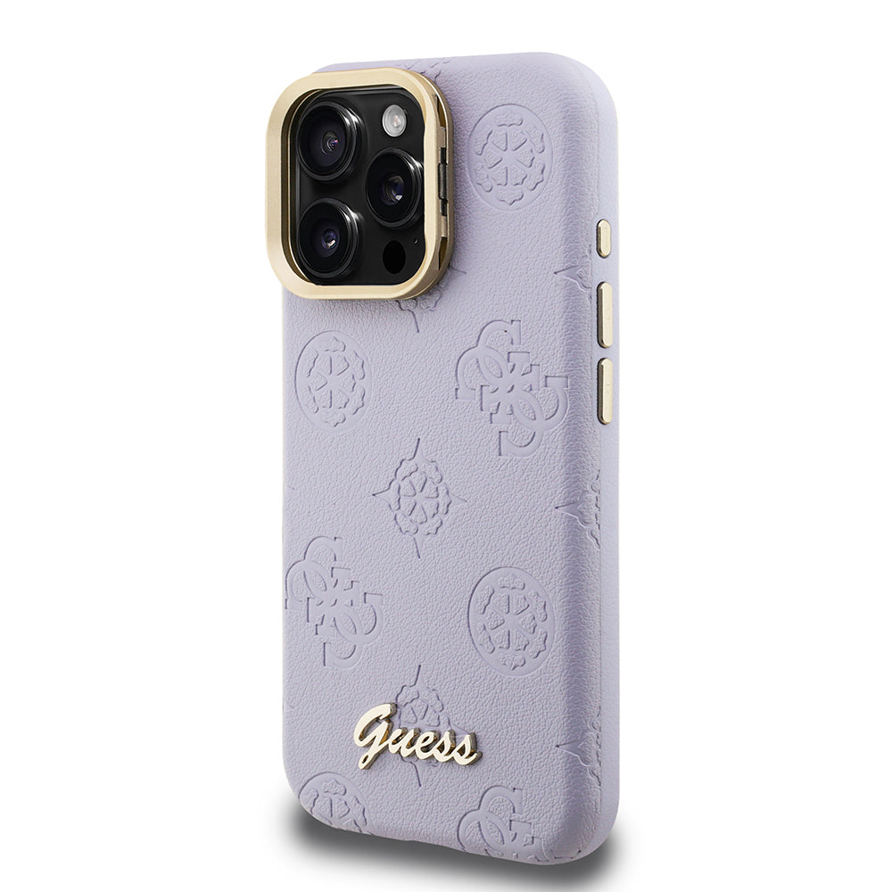 iPhone 15 Pro Max Kılıf Guess Orijinal Lisanslı M-safe Şarj Özellikli Sıcak Baskılı Yazı Logolu Kamera Standlı PU Deri Peony Kılıf