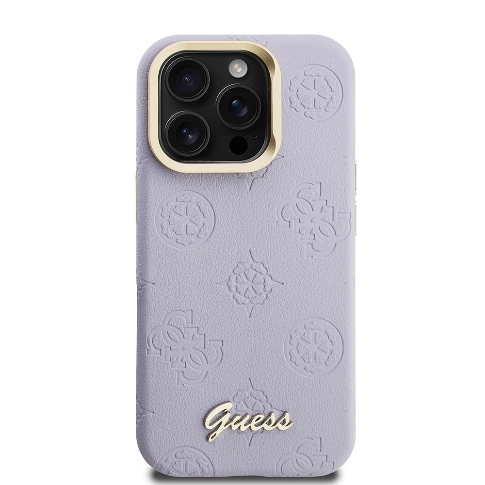 iPhone 15 Pro Max Kılıf Guess Orijinal Lisanslı M-safe Şarj Özellikli Sıcak Baskılı Yazı Logolu Kamera Standlı PU Deri Peony Kılıf