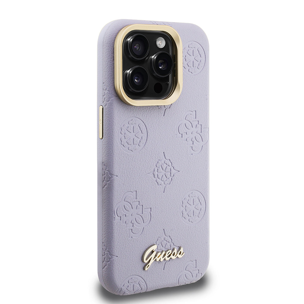 iPhone 15 Pro Max Kılıf Guess Orijinal Lisanslı M-safe Şarj Özellikli Sıcak Baskılı Yazı Logolu Kamera Standlı PU Deri Peony Kılıf