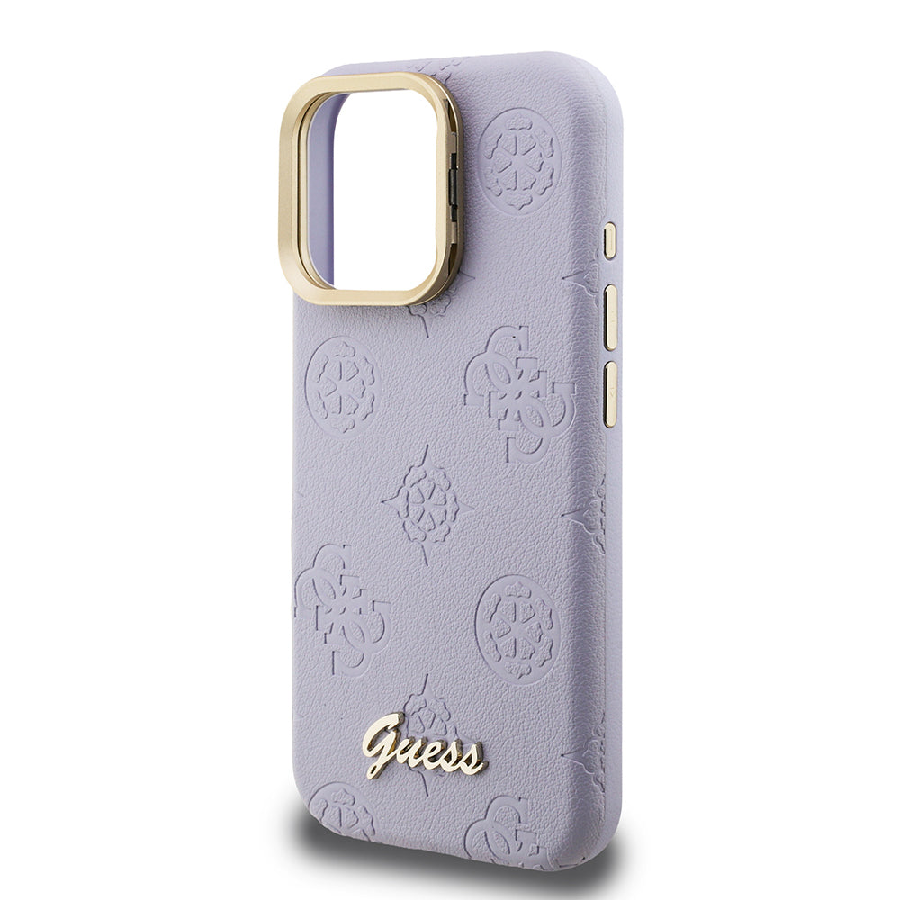 iPhone 15 Pro Max Kılıf Guess Orijinal Lisanslı M-safe Şarj Özellikli Sıcak Baskılı Yazı Logolu Kamera Standlı PU Deri Peony Kılıf