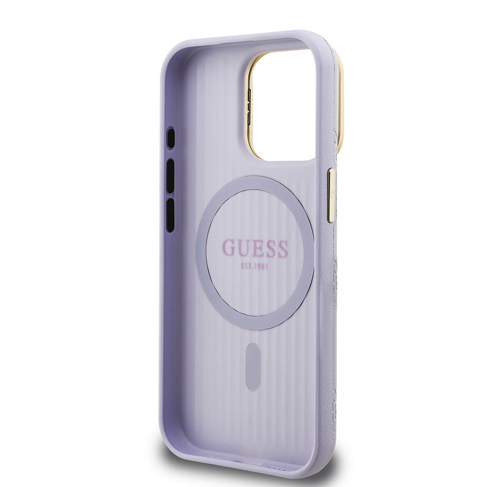 iPhone 15 Pro Max Kılıf Guess Orijinal Lisanslı M-safe Şarj Özellikli Sıcak Baskılı Yazı Logolu Kamera Standlı PU Deri Peony Kılıf