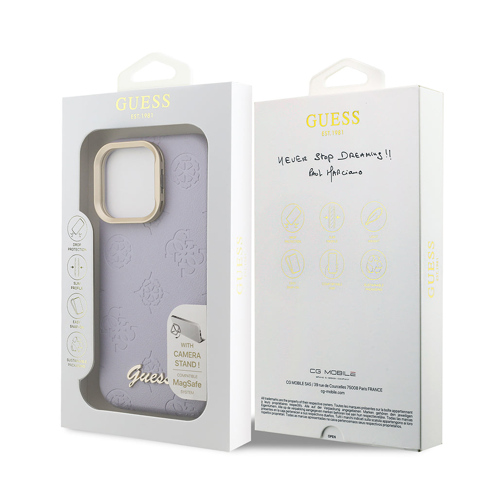 iPhone 15 Pro Max Kılıf Guess Orijinal Lisanslı M-safe Şarj Özellikli Sıcak Baskılı Yazı Logolu Kamera Standlı PU Deri Peony Kılıf