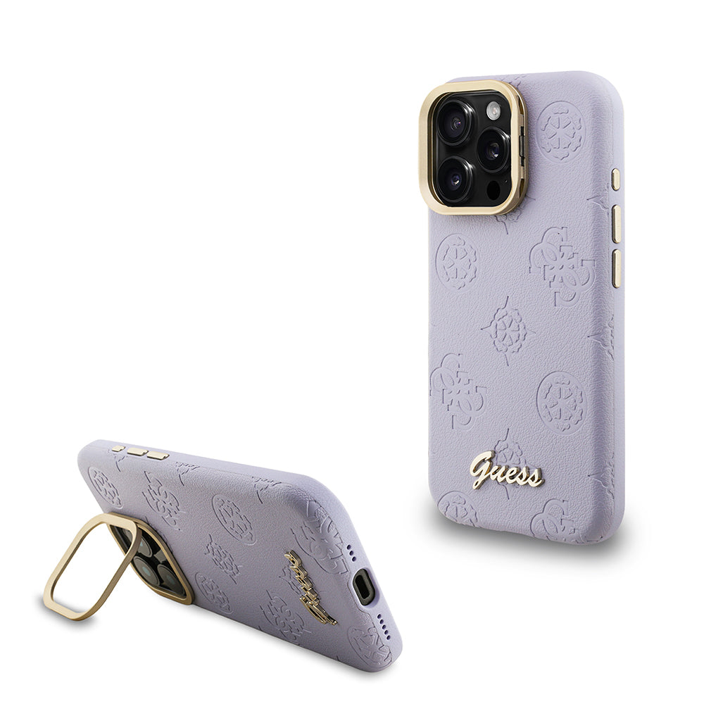 iPhone 15 Pro Max Kılıf Guess Orijinal Lisanslı M-safe Şarj Özellikli Sıcak Baskılı Yazı Logolu Kamera Standlı PU Deri Peony Kılıf