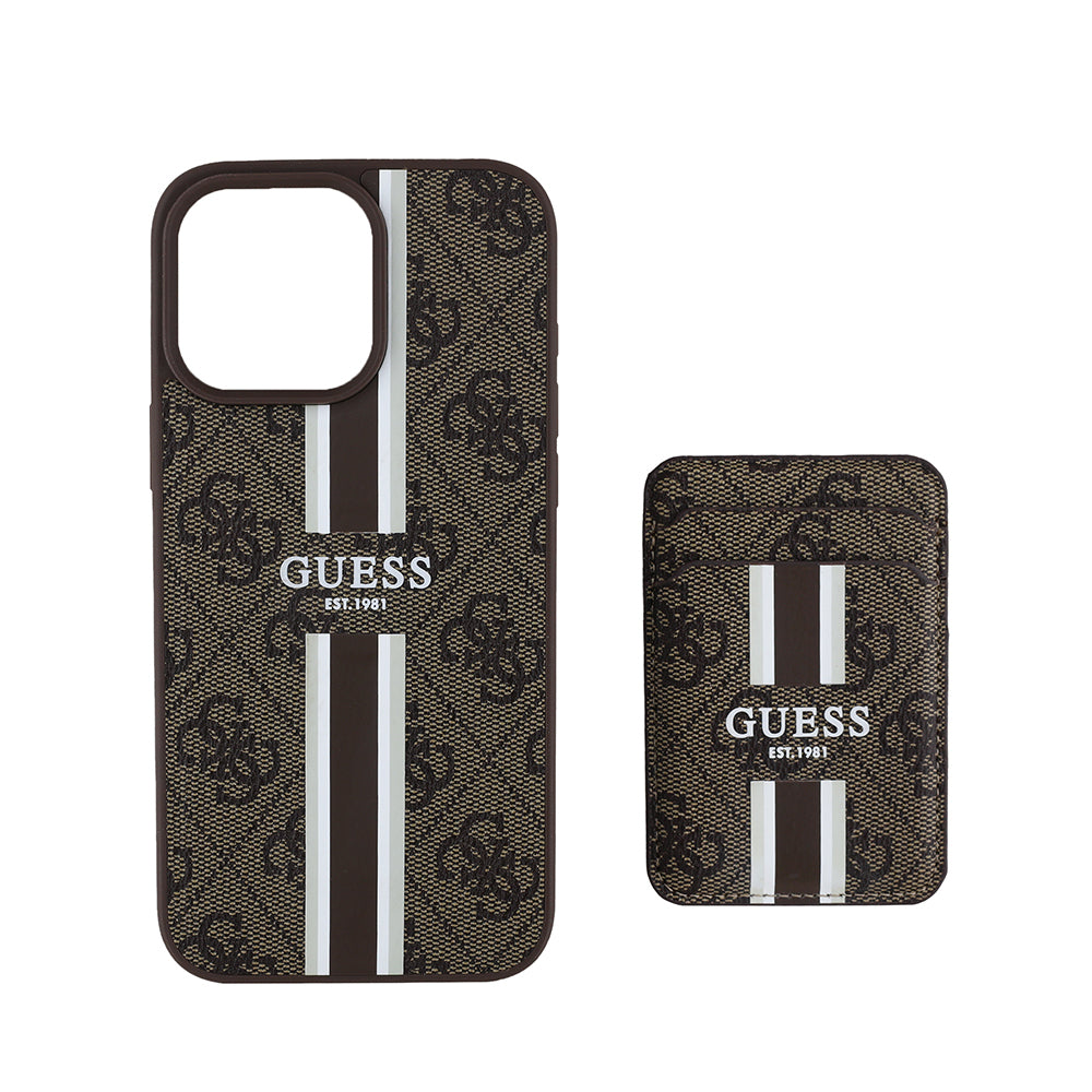 iPhone 15 Pro Max Kılıf Guess Orijinal Lisanslı M-safe Şarj Özellikli 4G Desenli Çizgili Kartlıklı Kılıf