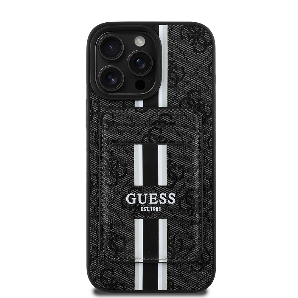 iPhone 15 Pro Max Kılıf Guess Orijinal Lisanslı M-safe Şarj Özellikli 4G Desenli Çizgili Kartlıklı Kılıf