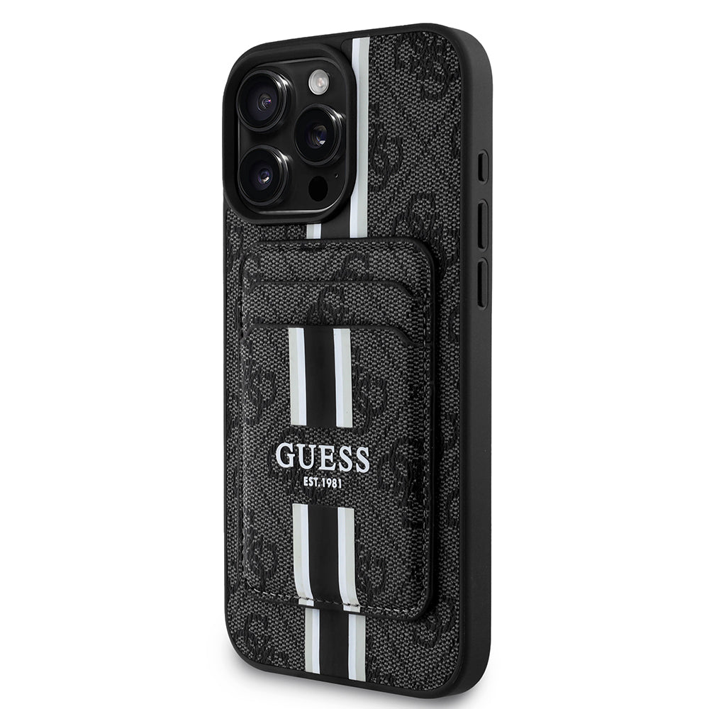 iPhone 15 Pro Max Kılıf Guess Orijinal Lisanslı M-safe Şarj Özellikli 4G Desenli Çizgili Kartlıklı Kılıf