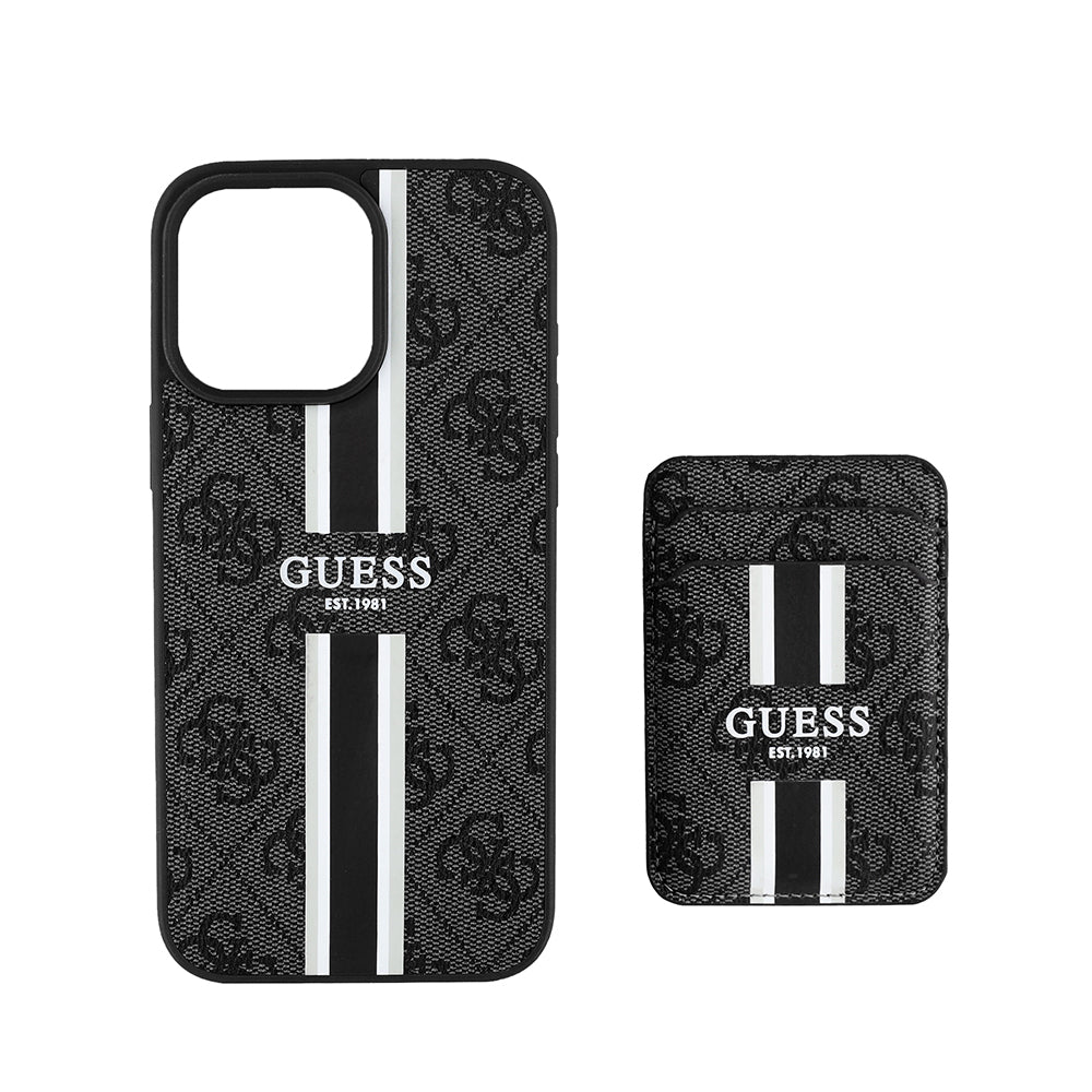 iPhone 15 Pro Max Kılıf Guess Orijinal Lisanslı M-safe Şarj Özellikli 4G Desenli Çizgili Kartlıklı Kılıf