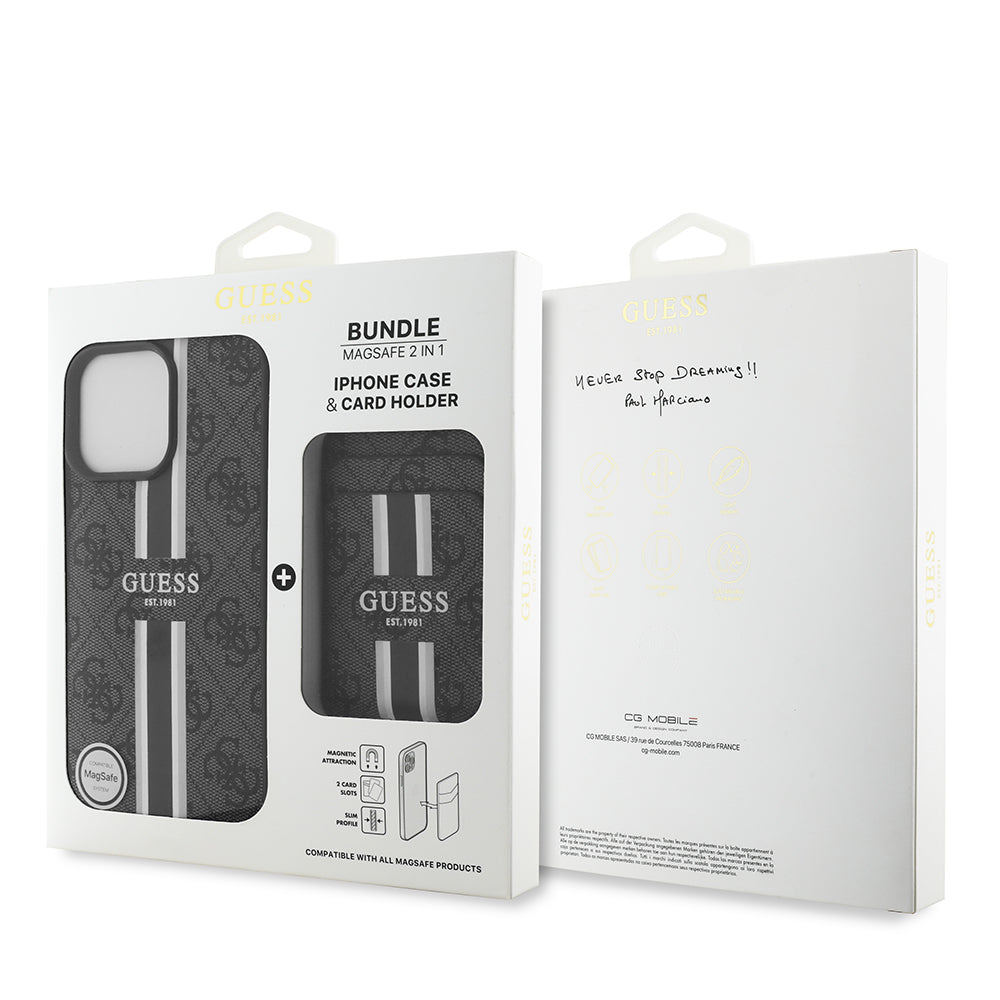 iPhone 15 Pro Max Kılıf Guess Orijinal Lisanslı M-safe Şarj Özellikli 4G Desenli Çizgili Kartlıklı Kılıf