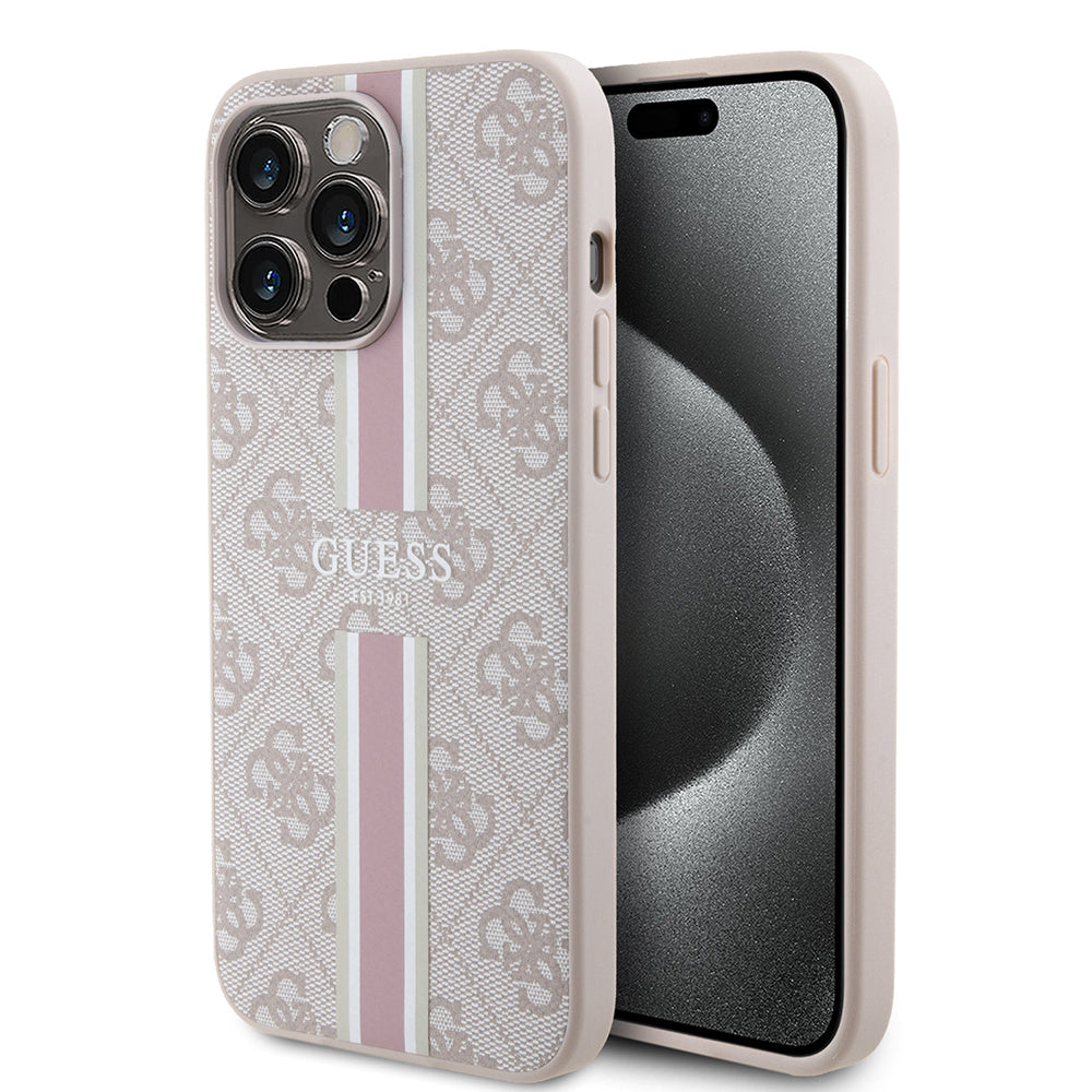iPhone 15 Pro Max Kılıf Guess Orijinal Lisanslı M-safe Şarj Özellikli 4G Şerit Tasarımlı Printed Kılıf