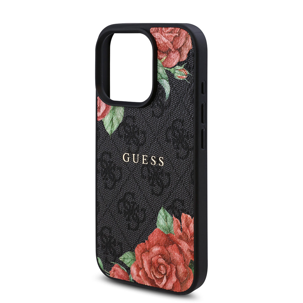 iPhone 15 Pro Max Kılıf Guess Orijinal Lisanslı M-safe Şarj Özellikli Gül Baskılı 4G Desenli Yazı Logolu Kılıf