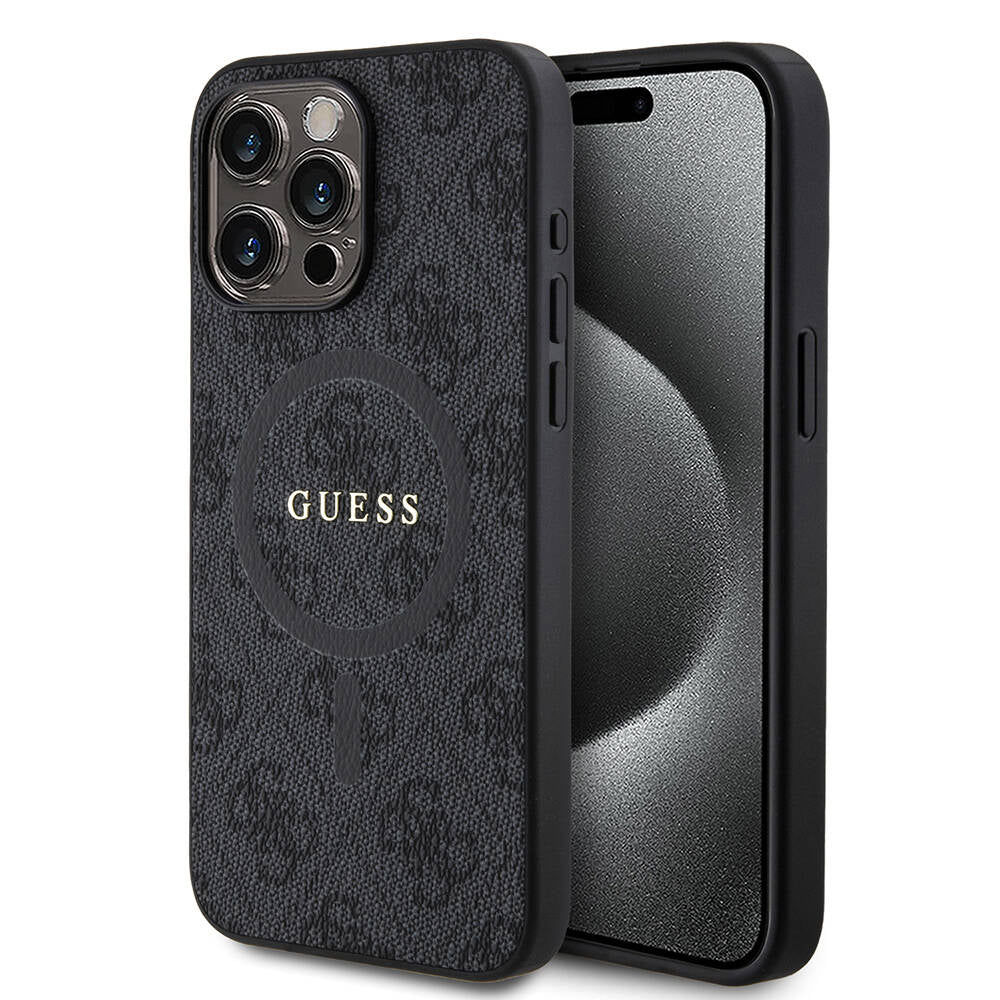 iPhone 15 Pro Max Kılıf Guess Orijinal Lisanslı M-safe Şarj Özellikli PU Halkalı 4G Desenli Yazı Logolu Kılıf