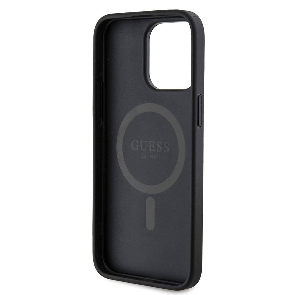 iPhone 15 Pro Max Kılıf Guess Orijinal Lisanslı M-safe Şarj Özellikli PU Halkalı 4G Desenli Yazı Logolu Kılıf