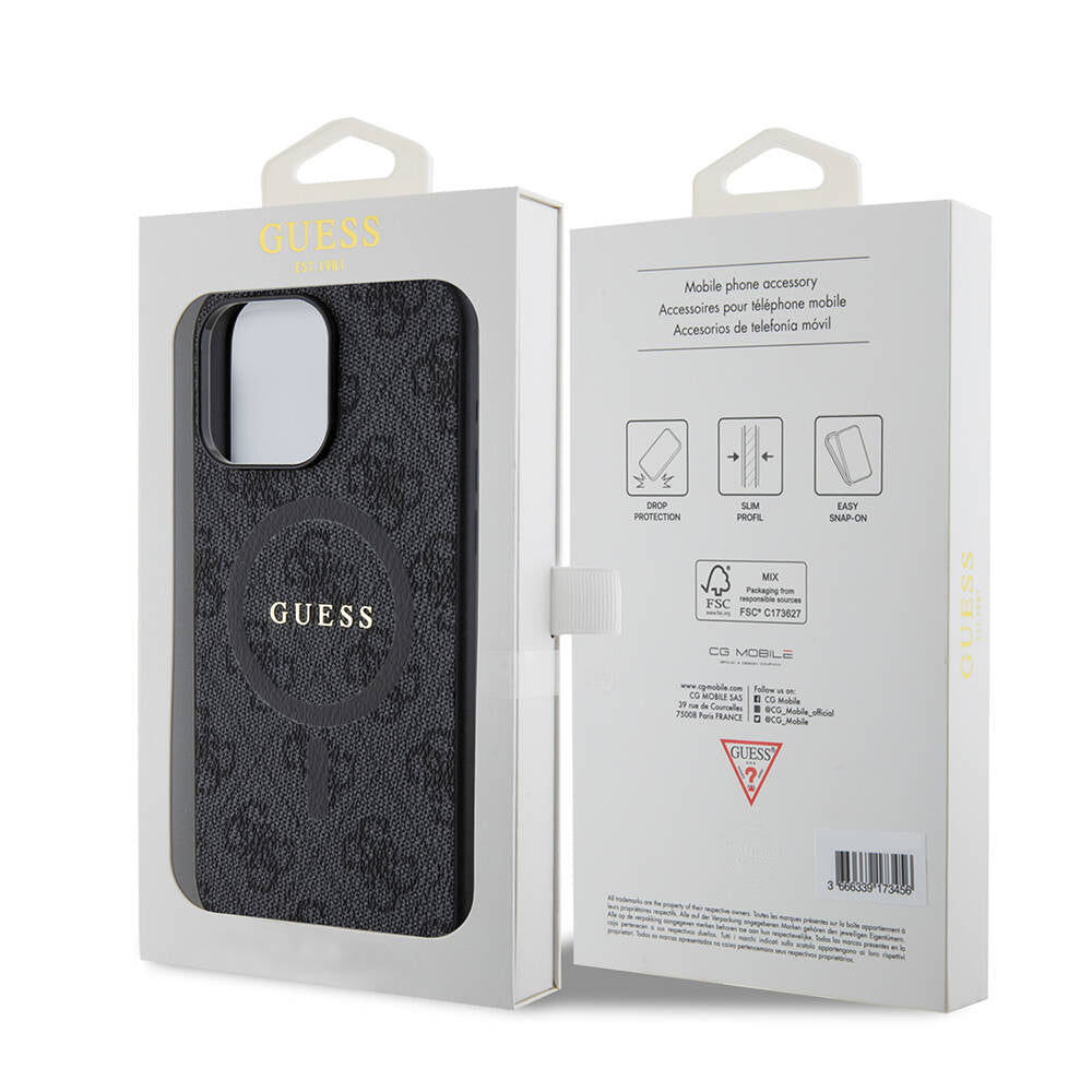iPhone 15 Pro Max Kılıf Guess Orijinal Lisanslı M-safe Şarj Özellikli PU Halkalı 4G Desenli Yazı Logolu Kılıf
