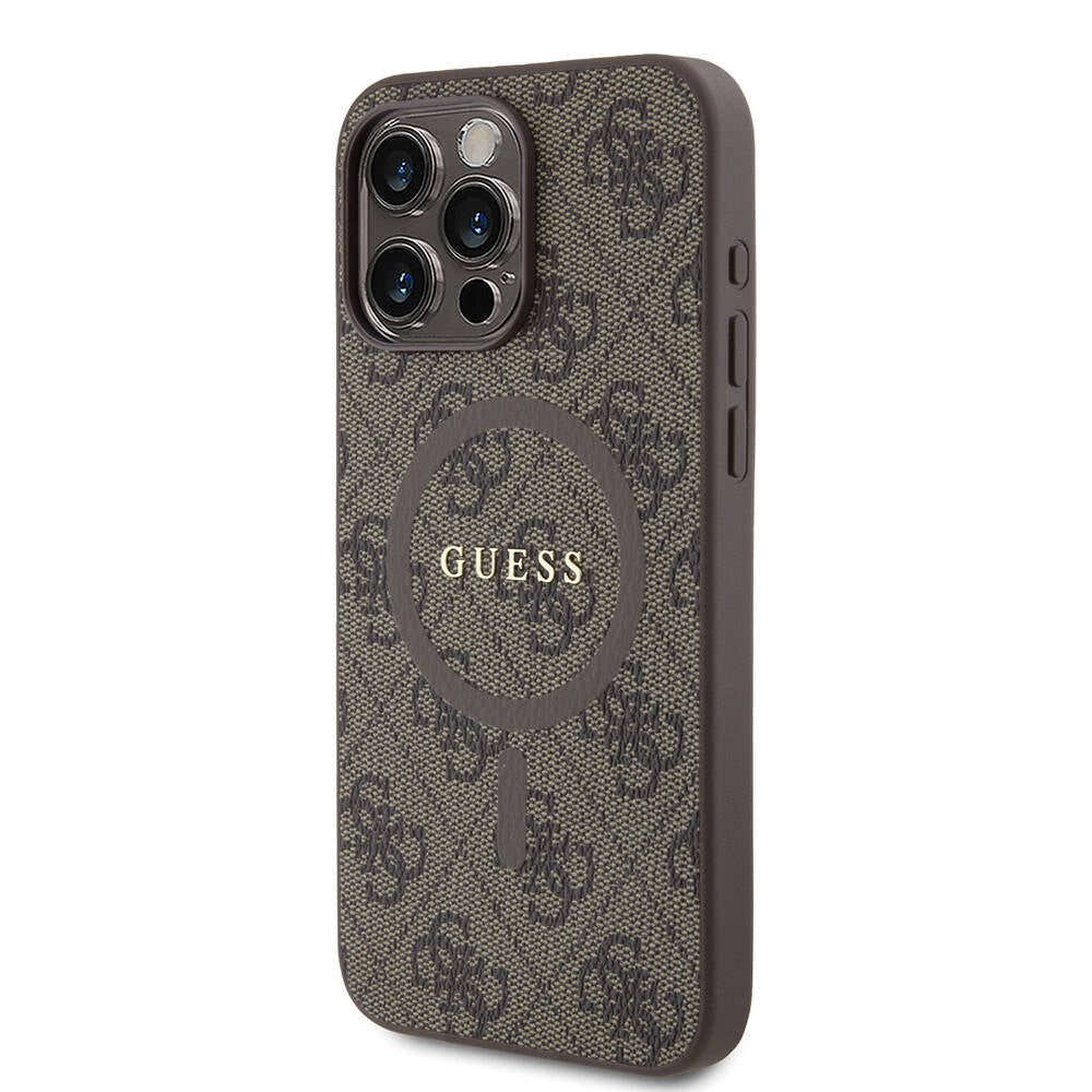 iPhone 15 Pro Max Kılıf Guess Orijinal Lisanslı M-safe Şarj Özellikli PU Halkalı 4G Desenli Yazı Logolu Kılıf