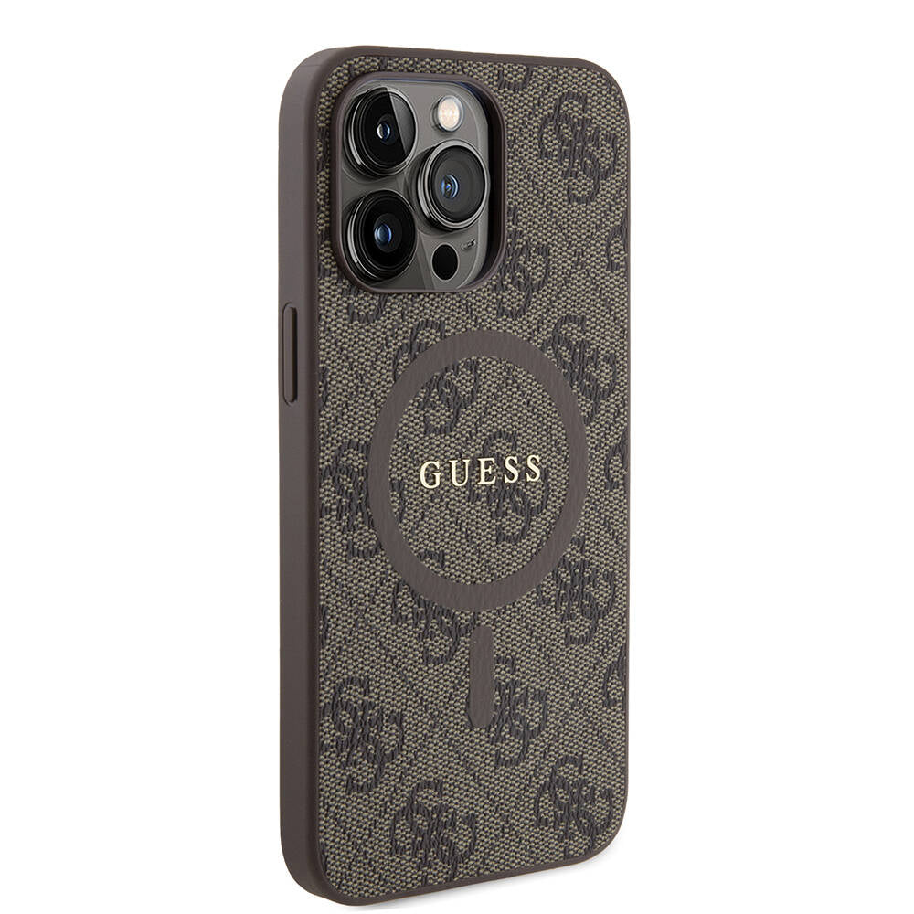 iPhone 15 Pro Max Kılıf Guess Orijinal Lisanslı M-safe Şarj Özellikli PU Halkalı 4G Desenli Yazı Logolu Kılıf