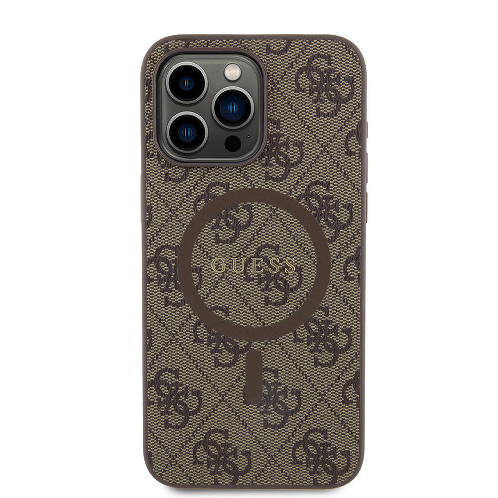 iPhone 15 Pro Max Kılıf Guess Orijinal Lisanslı M-safe Şarj Özellikli PU Halkalı 4G Desenli Yazı Logolu Kılıf