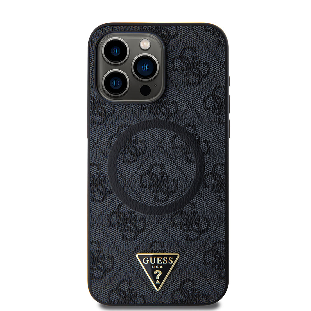 iPhone 15 Pro Max Kılıf Guess Orijinal Lisanslı M-safe Şarj Özellikli PU Üçgen Logo 4G Desenli Kılıf