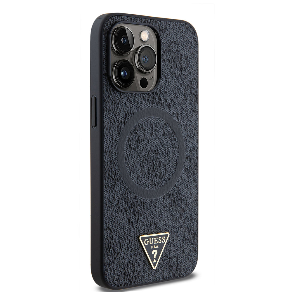 iPhone 15 Pro Max Kılıf Guess Orijinal Lisanslı M-safe Şarj Özellikli PU Üçgen Logo 4G Desenli Kılıf