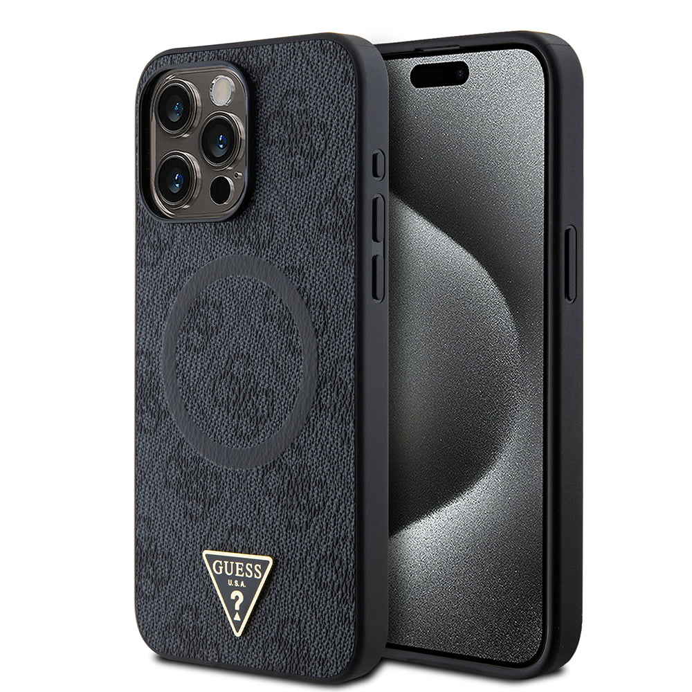 iPhone 15 Pro Max Kılıf Guess Orijinal Lisanslı M-safe Şarj Özellikli PU Üçgen Logo 4G Desenli Kılıf