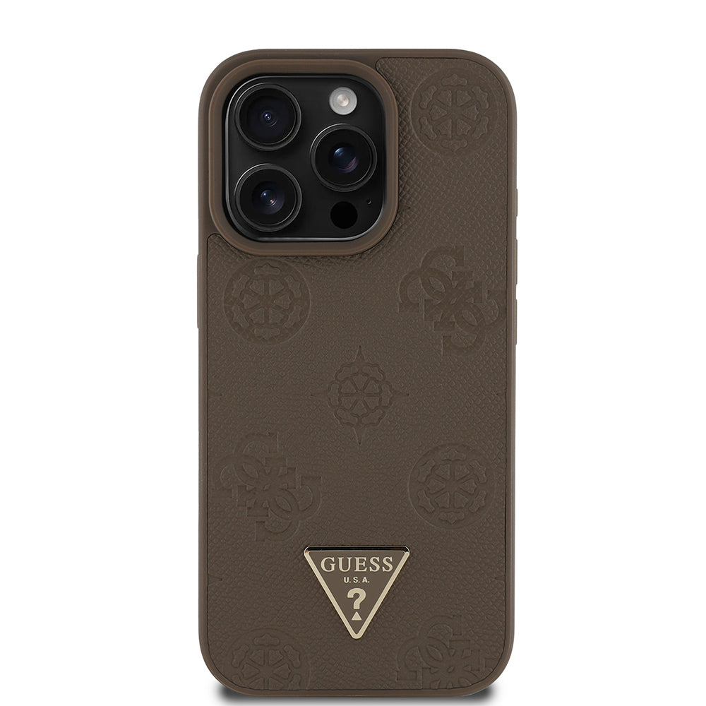 iPhone 15 Pro Max Kılıf Guess Orijinal Lisanslı M-safe Şarj Özellikli Sıcak Baskılı Üçgen Logolu PU Deri Peony Kılıf