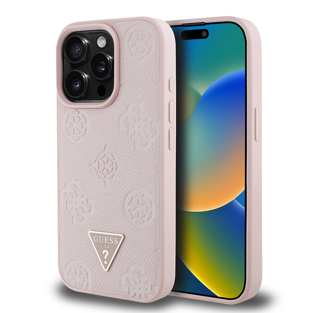 iPhone 15 Pro Max Kılıf Guess Orijinal Lisanslı M-safe Şarj Özellikli Sıcak Baskılı Üçgen Logolu PU Deri Peony Kılıf