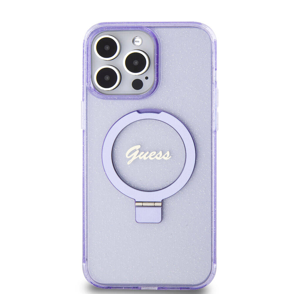 iPhone 15 Pro Max Kılıf Guess Orijinal Lisanslı M-safe Şarj Özellikli Simli Arka Yüzey Ring Standlı Kılıf