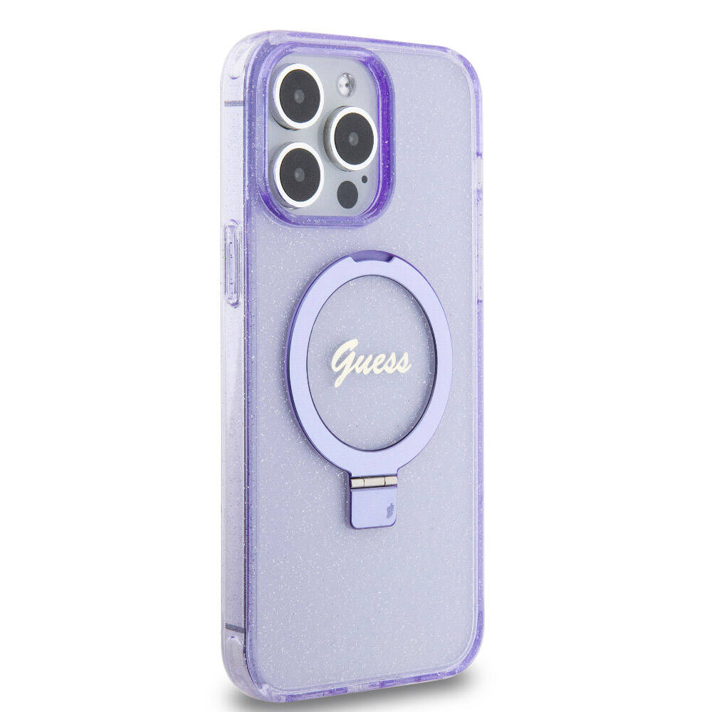 iPhone 15 Pro Max Kılıf Guess Orijinal Lisanslı M-safe Şarj Özellikli Simli Arka Yüzey Ring Standlı Kılıf